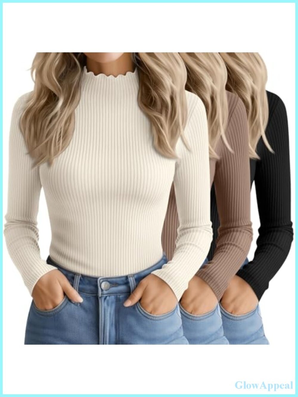 Cotton Mockneck Ribbed Long Sleeve Fitted Tops